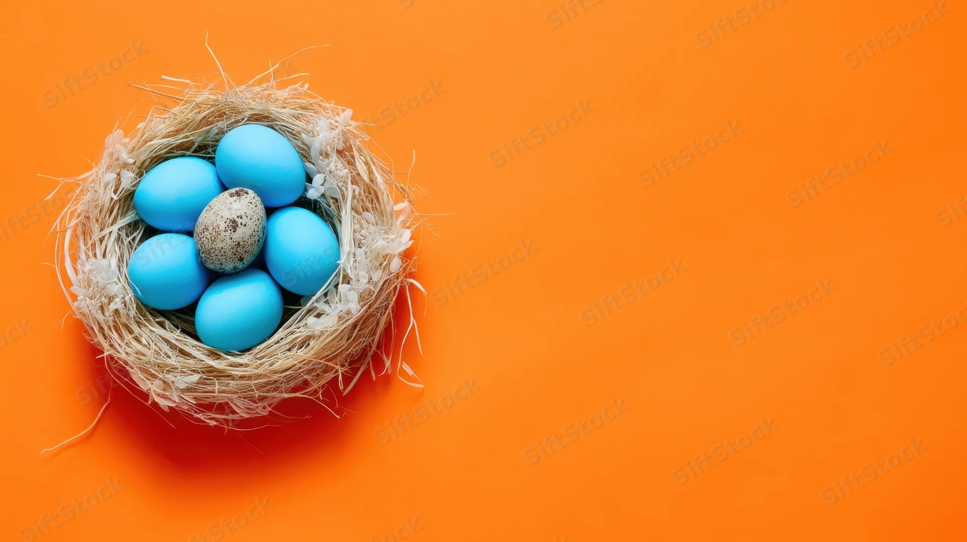 A bird's nest with blue and speckled eggs on an orange background