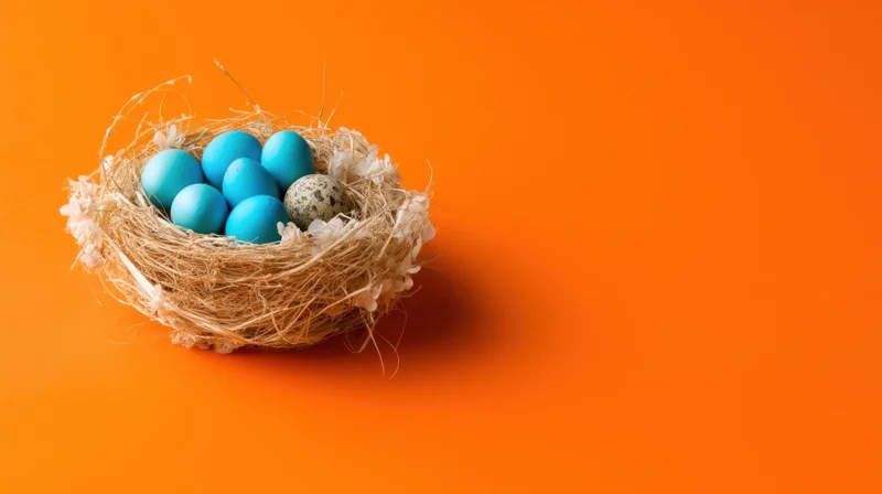 Bird nest with blue and speckled eggs on orange background