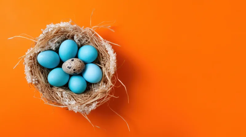 Bird nest with blue eggs and one speckled quail egg on orange background