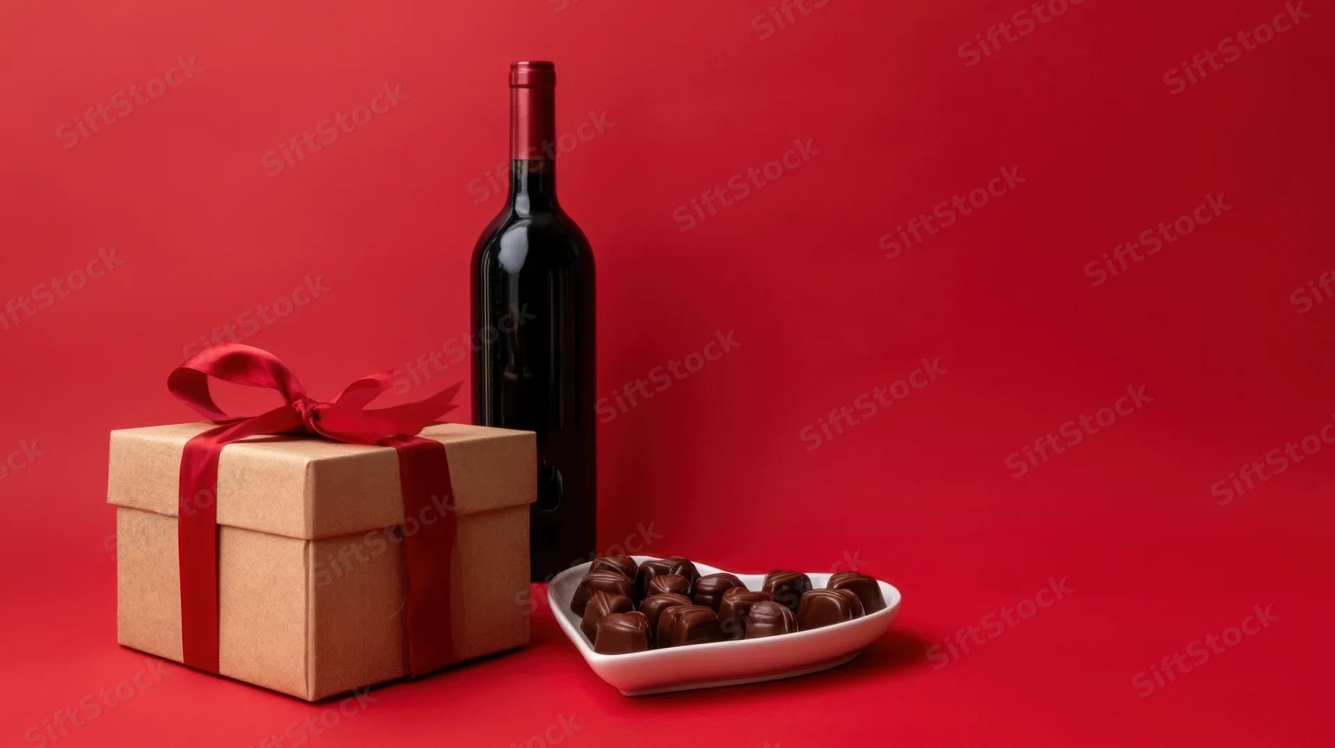 Gift box with red ribbon, wine bottle and chocolate plate on red background