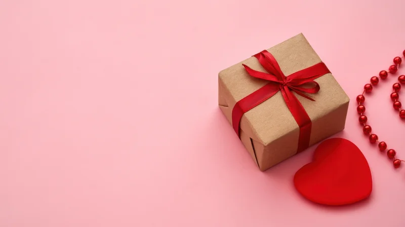 Gift box wrapped in kraft paper with red ribbon and heart on pink background