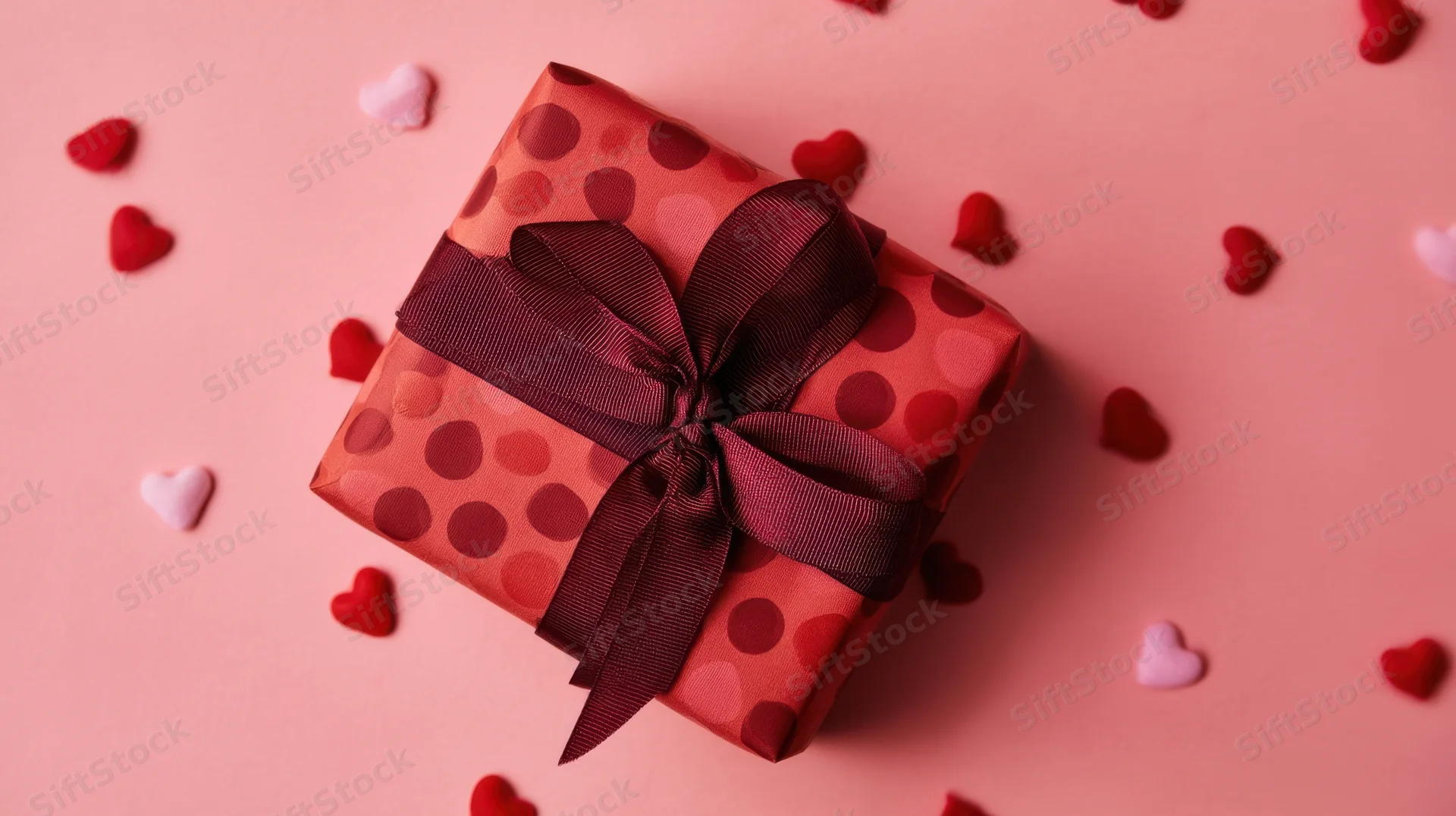 Gift box wrapped in polka dot paper with ribbon and bow on pink surface surrounded by red and white hearts