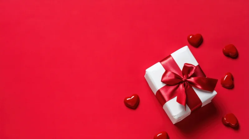 White gift box with red ribbon and scattered heart candies on red surface