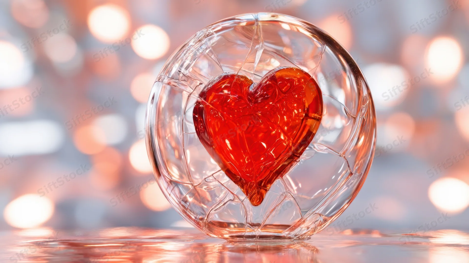 Red heart encased in cracked glass sphere on reflective surface with bokeh lights behind