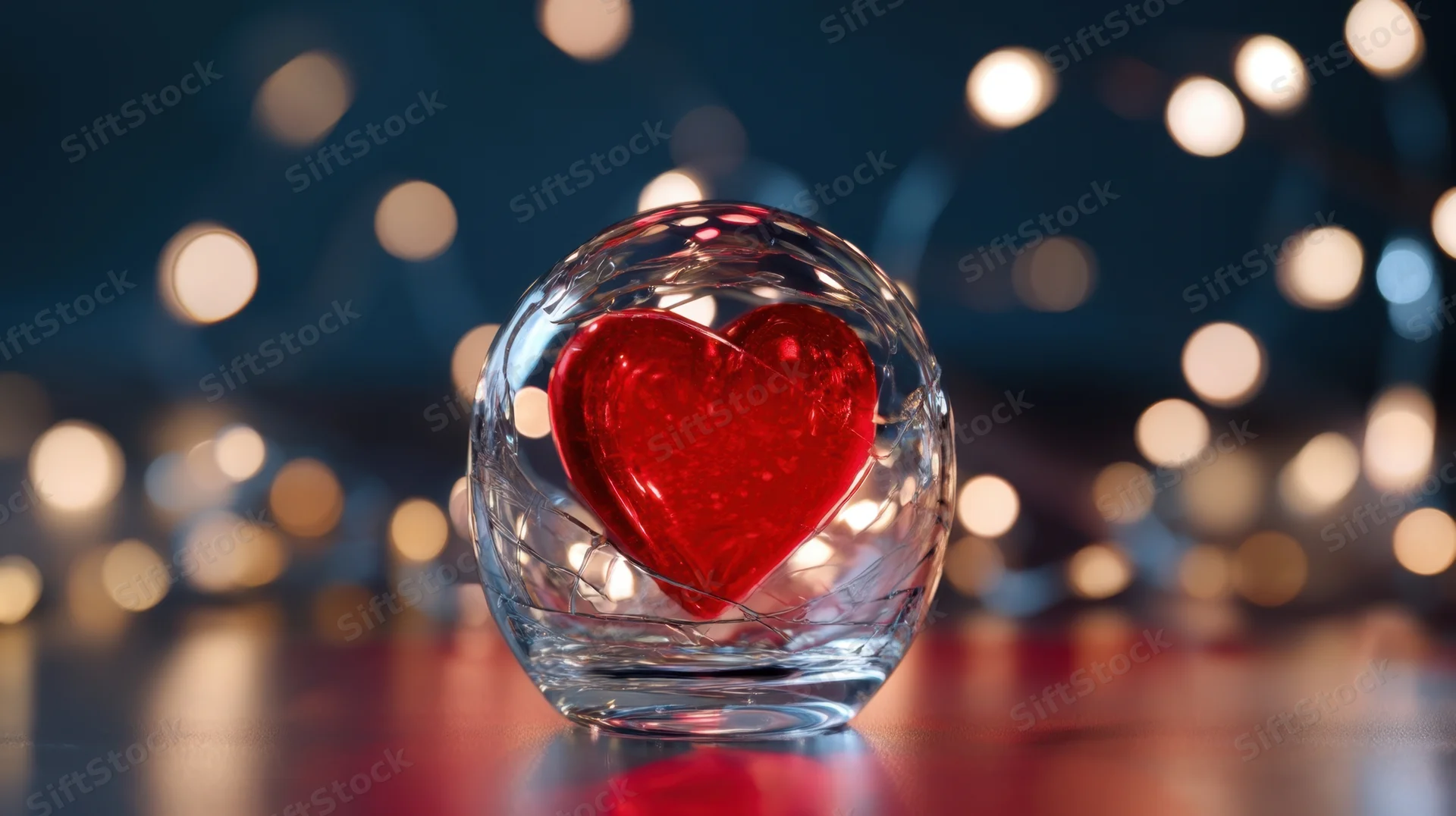 Red heart encased in a clear glass sphere on a reflective surface with blurred lights in the background