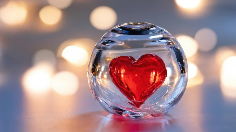 Red heart encased in clear glass sphere on reflective surface with warm bokeh lights in background