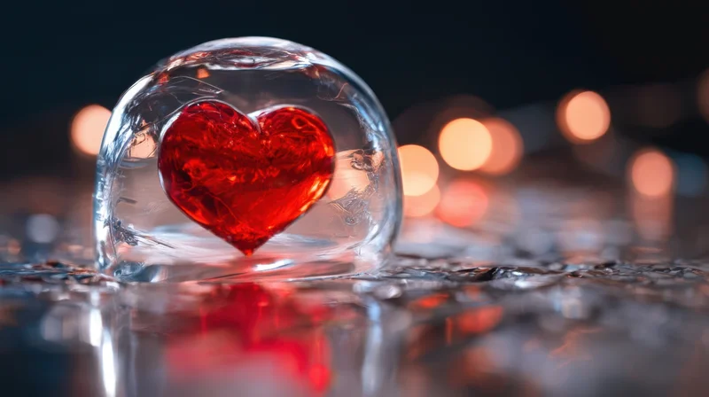 Red heart encased in a clear glass dome resting on a reflective wet surface with blurred warm lights in the background