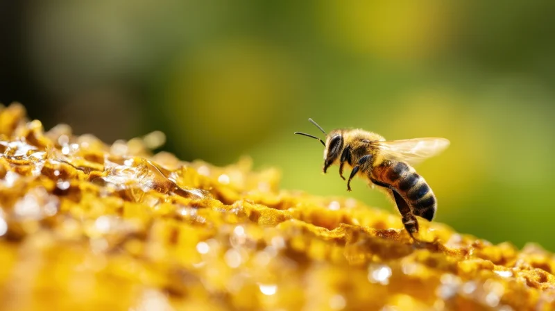 Honeybee foraging on golden honeycomb in natural sunlight