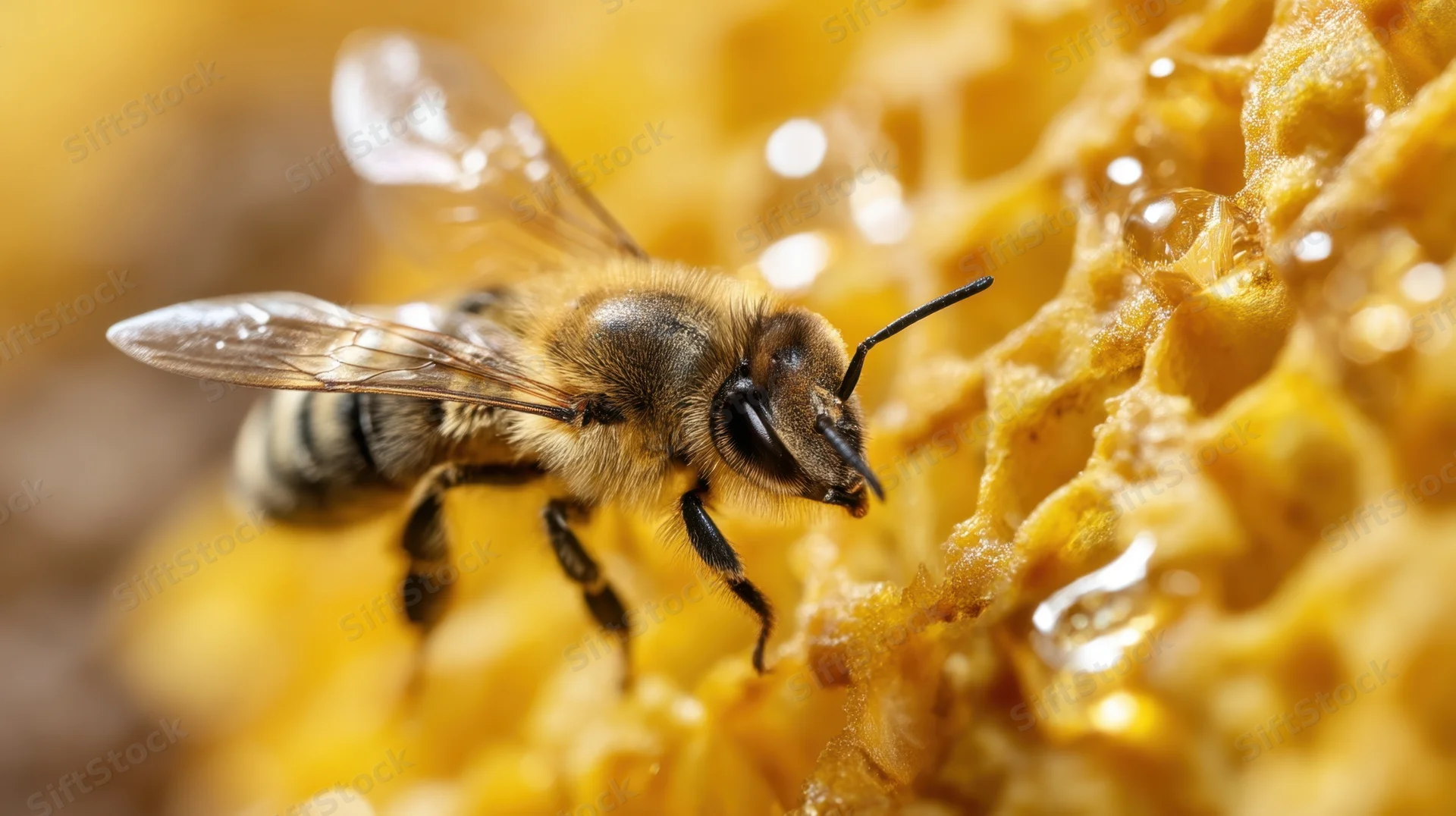 Bee feeding on honeycomb in a hive