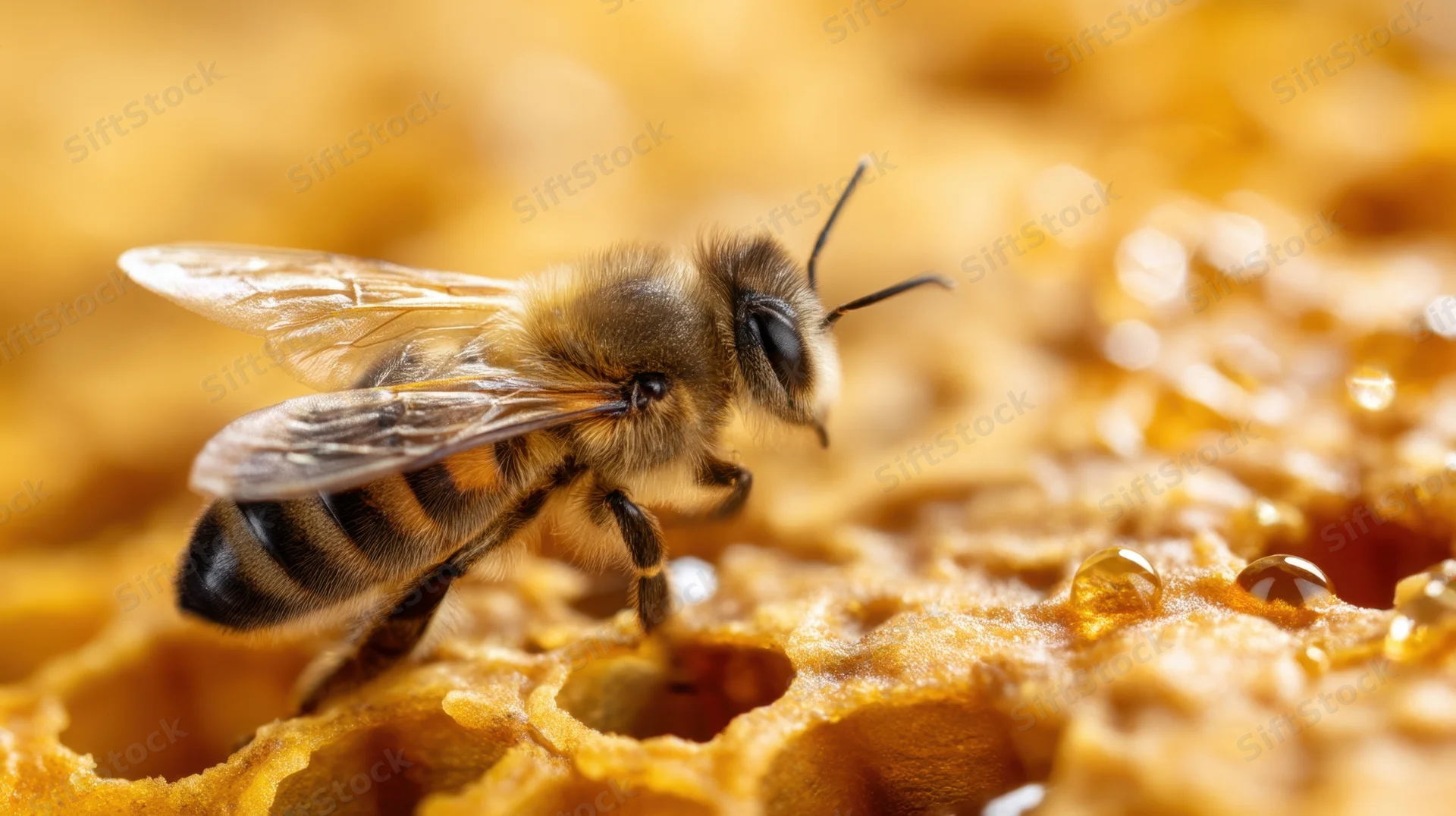 Bee resting on honeycomb with honey droplets visible in closeup view