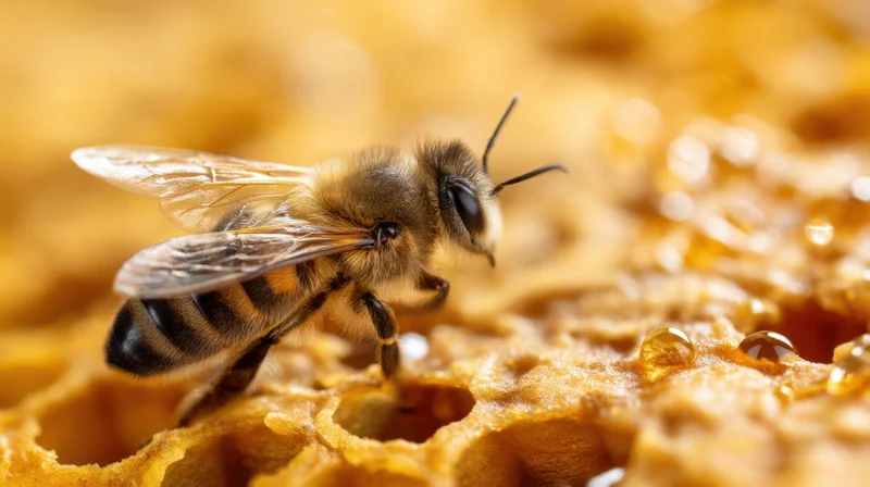 Bee resting on honeycomb with honey droplets visible in closeup view