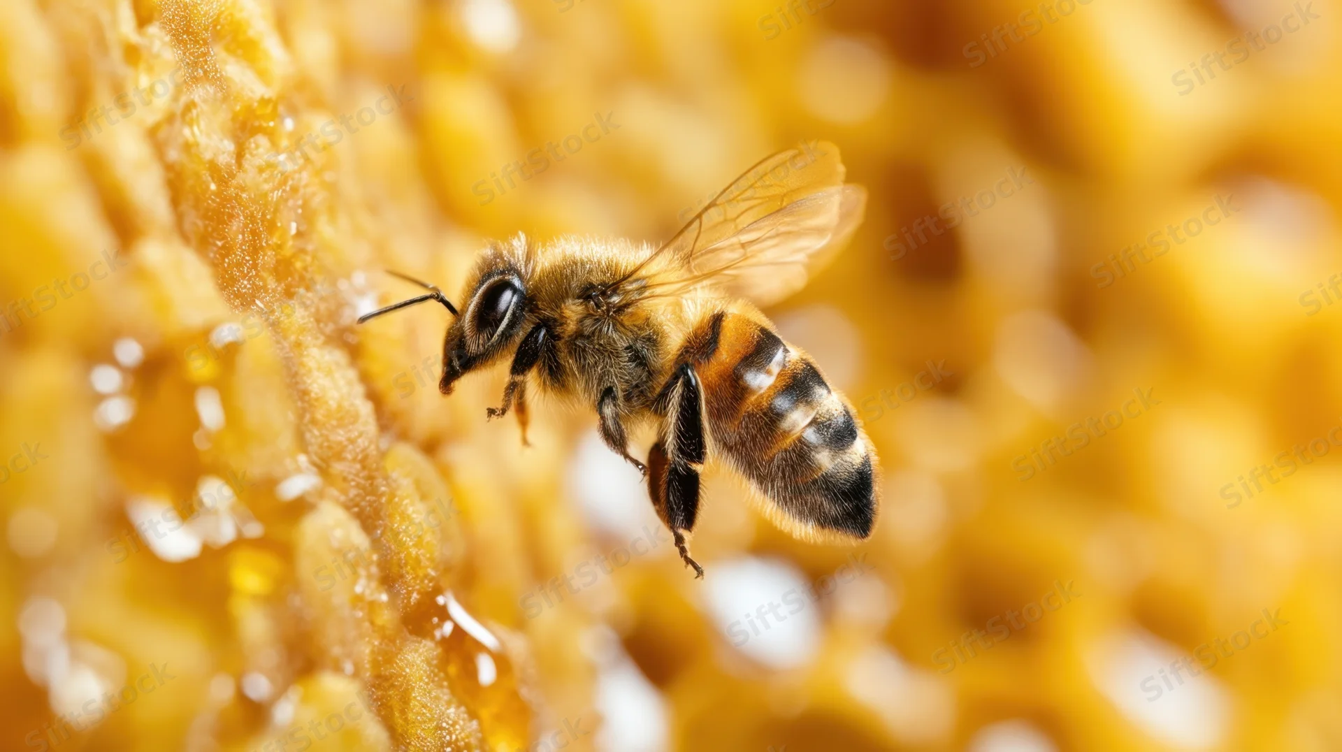 Bee foraging on honeycomb surface with golden wax cells in closeup view