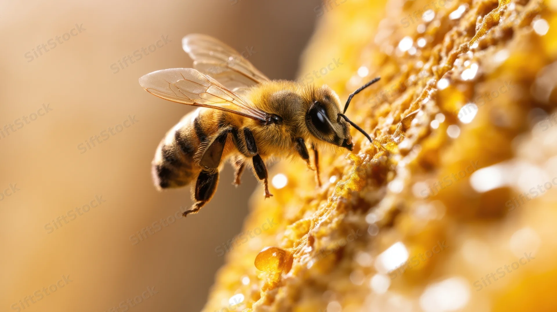 Honeybee foraging on honeycomb surface with glistening honey droplets