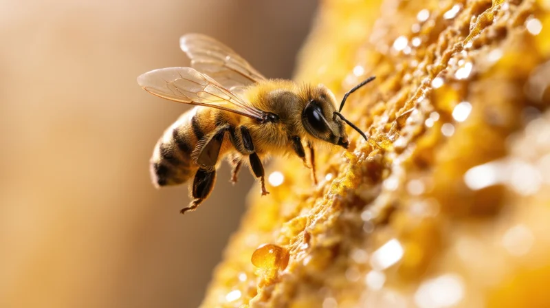 Honeybee foraging on honeycomb surface with glistening honey droplets