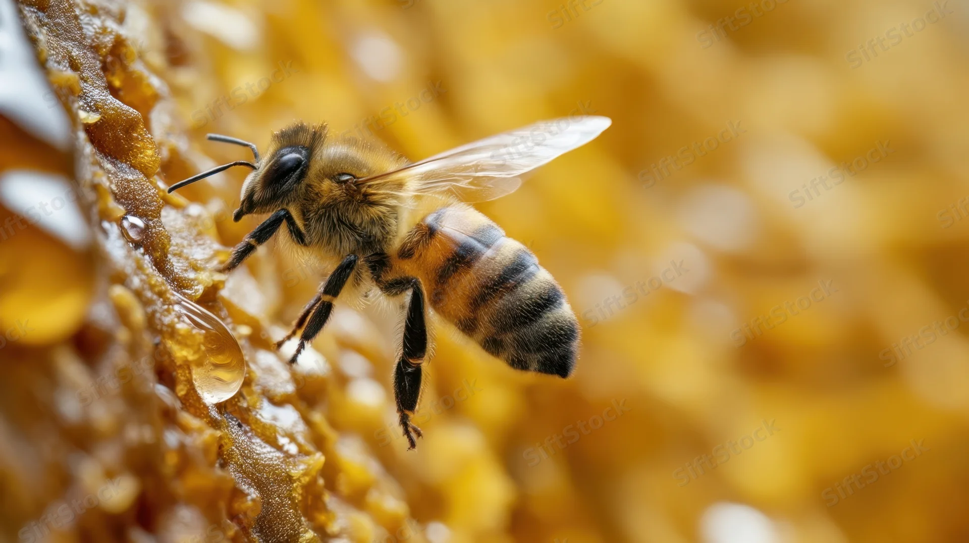 Honeybee feeding on honeycomb in a beehive closeup