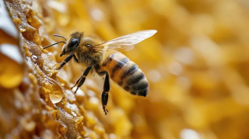 Honeybee feeding on honeycomb in a beehive closeup