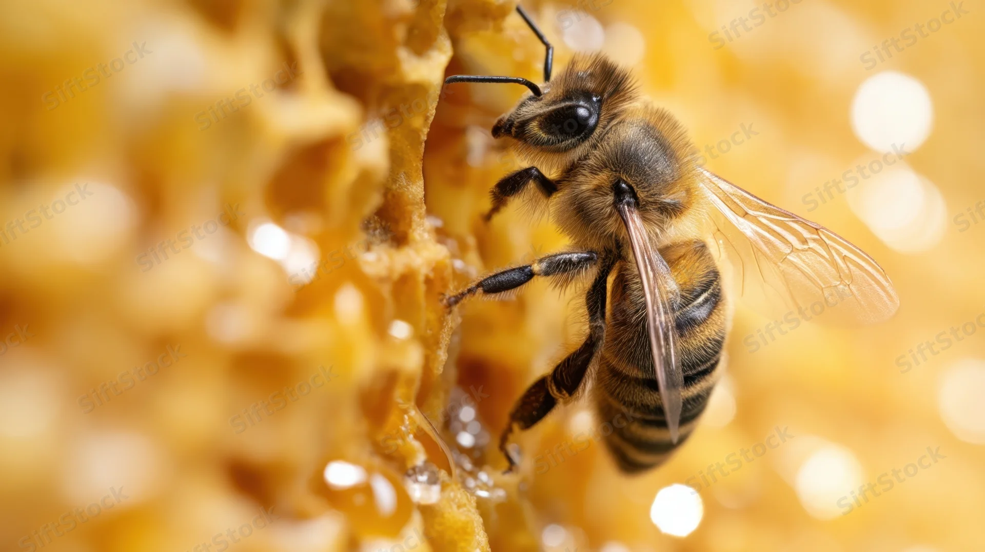 Bee feeding on honeycomb in a hive