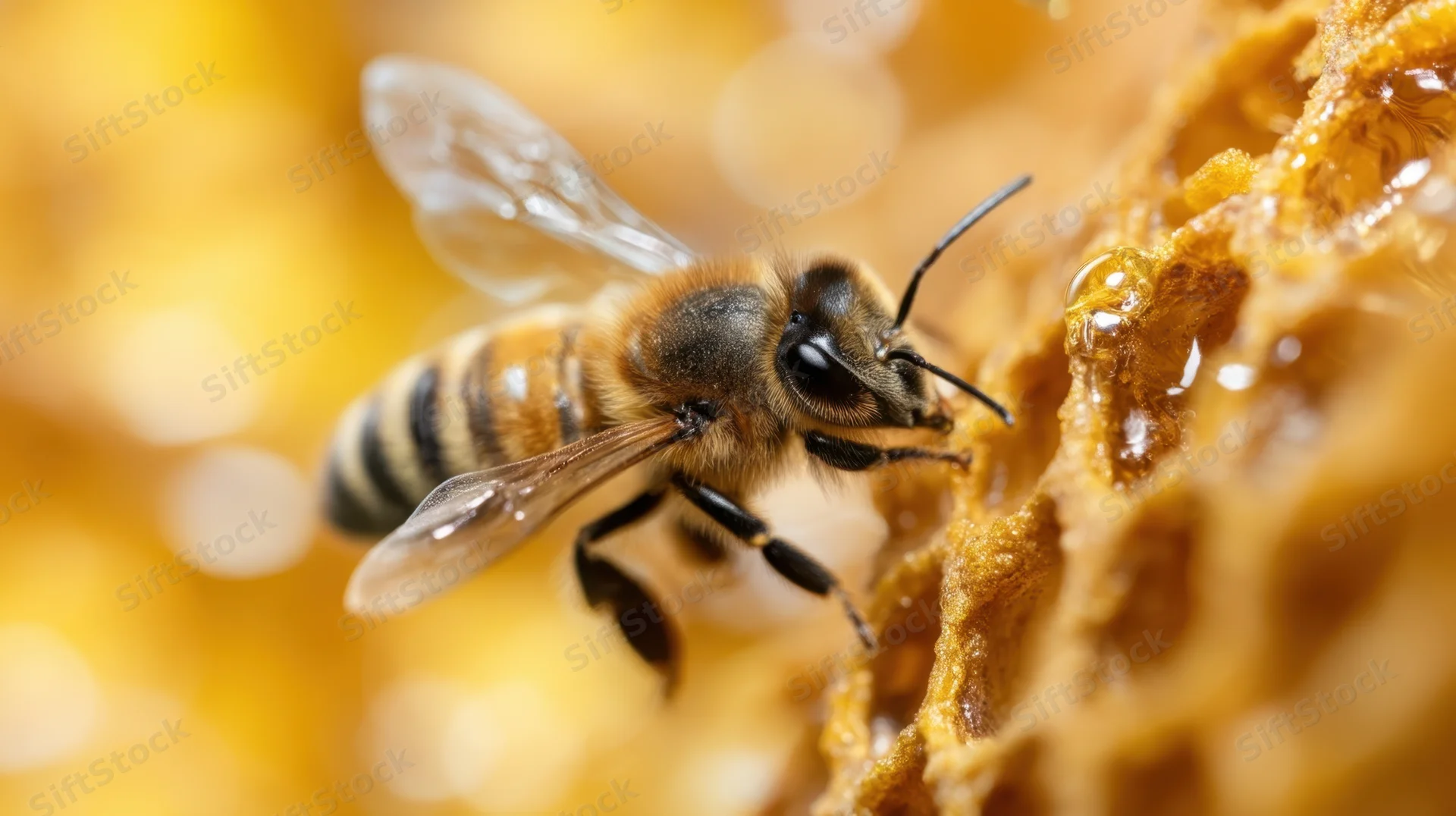 Bee feeding on honeycomb in closeup view