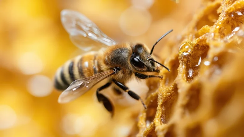 Bee feeding on honeycomb in closeup view