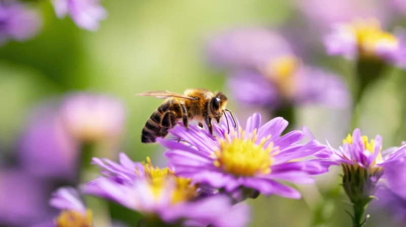 Honeybee collecting nectar from purple flower in garden