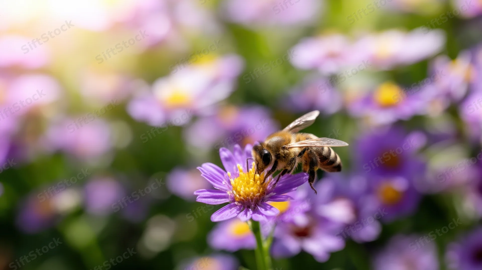 Honeybee collecting nectar from a purple flower in a garden