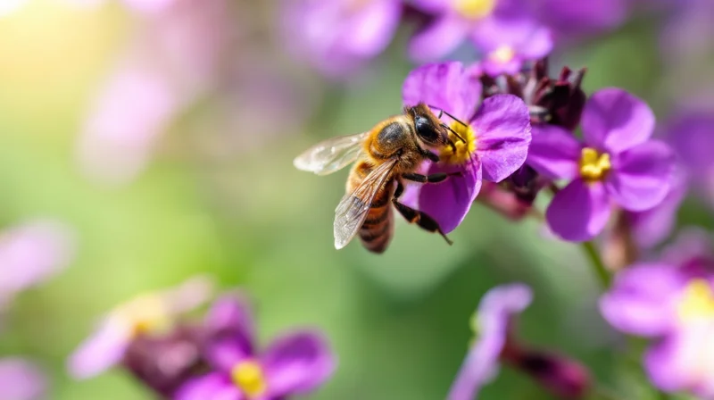 Honeybee collecting nectar from purple flower in garden setting