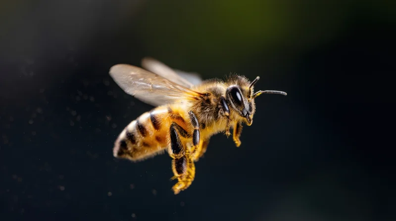 Honeybee in mid-flight against dark background with visible wings and striped body