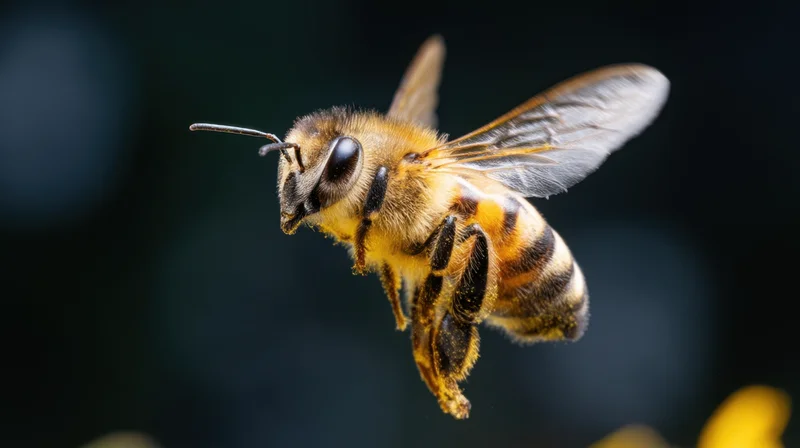Honeybee in flight with wings spread against a dark blurred background