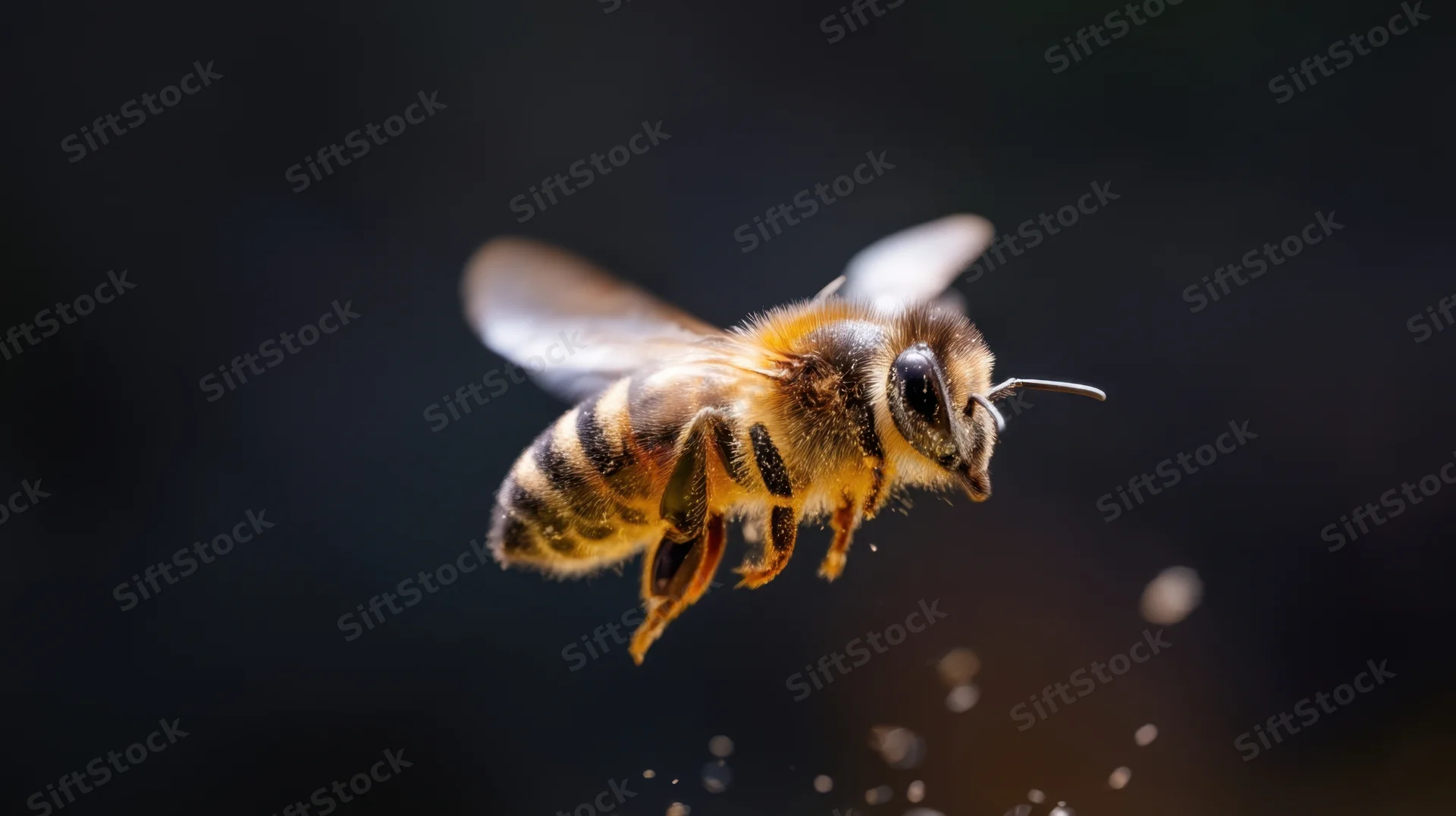 Honeybee in mid-flight against a dark background with visible wings and body details
