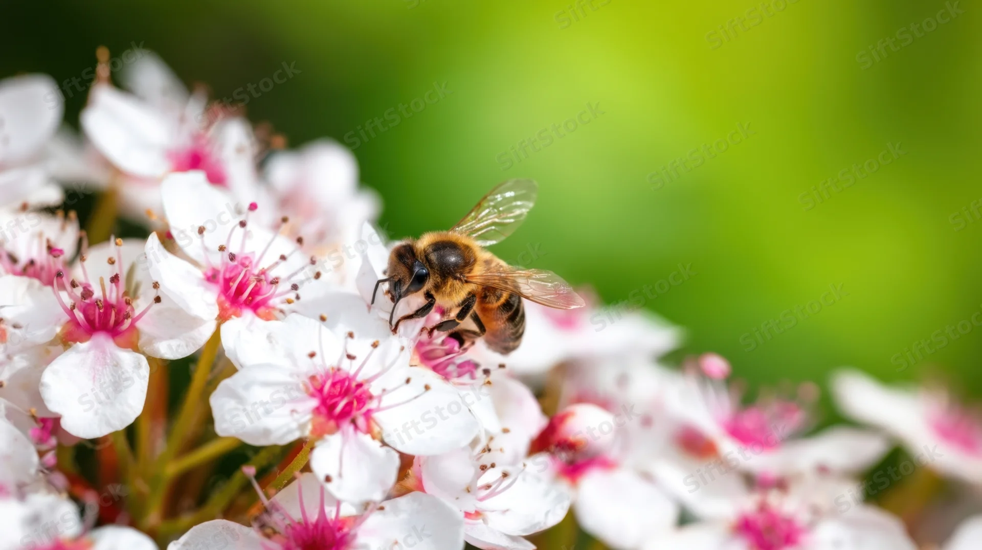 Honeybee perched on white and pink blossoms in a garden setting
