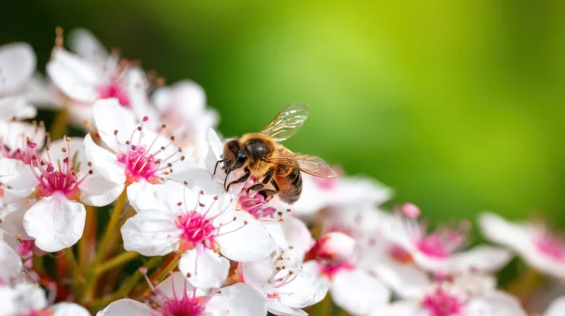 Honeybee perched on white and pink blossoms in a garden setting