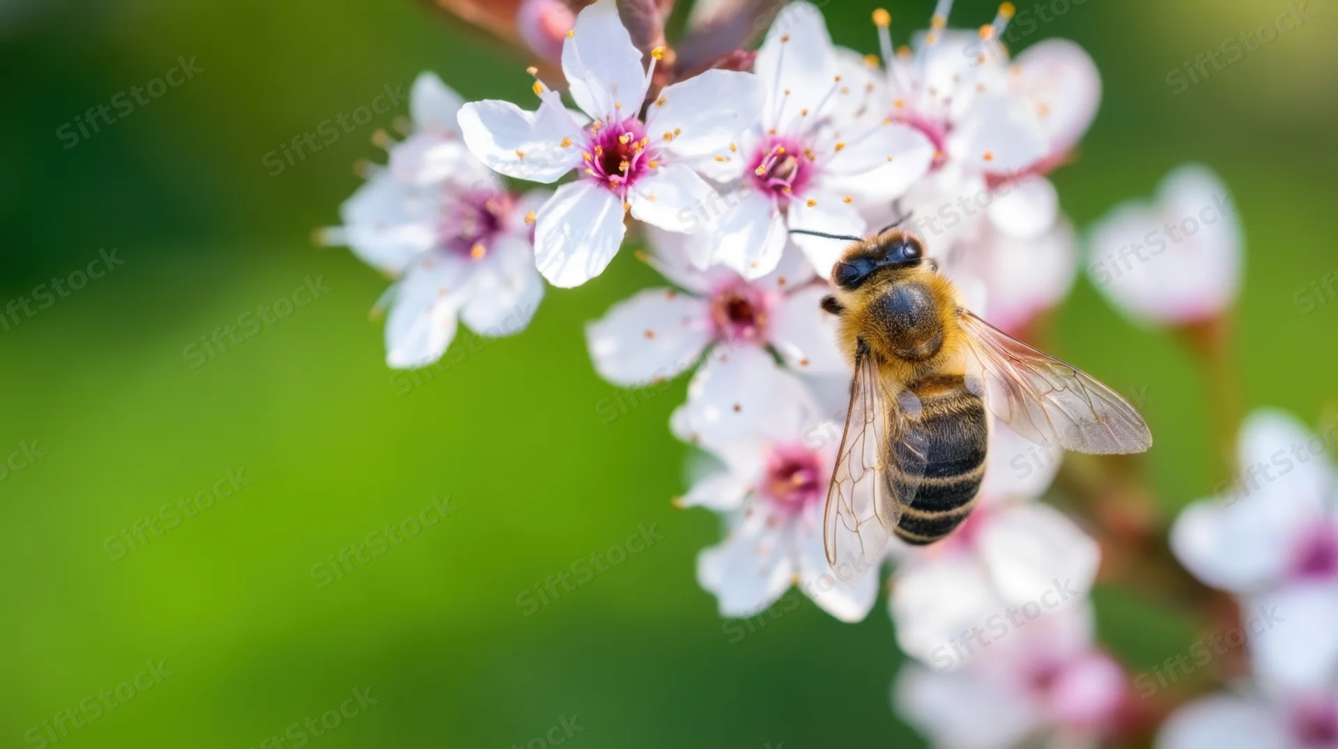 Bee perched on white blossoms with pink centers in a green garden setting