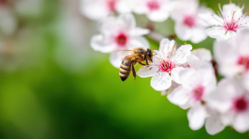 Honeybee perched on white pink blossom in a green garden setting