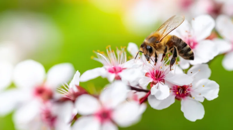 Honeybee pollinating white blossoms on a flowering branch in spring garden