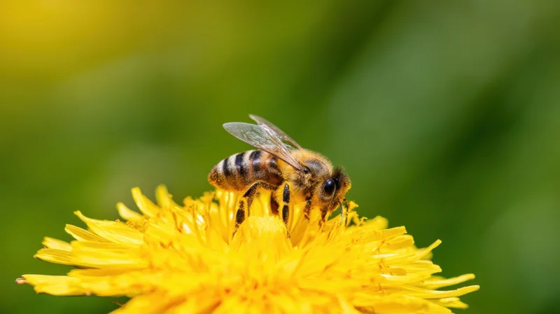 Honeybee foraging on a yellow dandelion flower in a garden setting