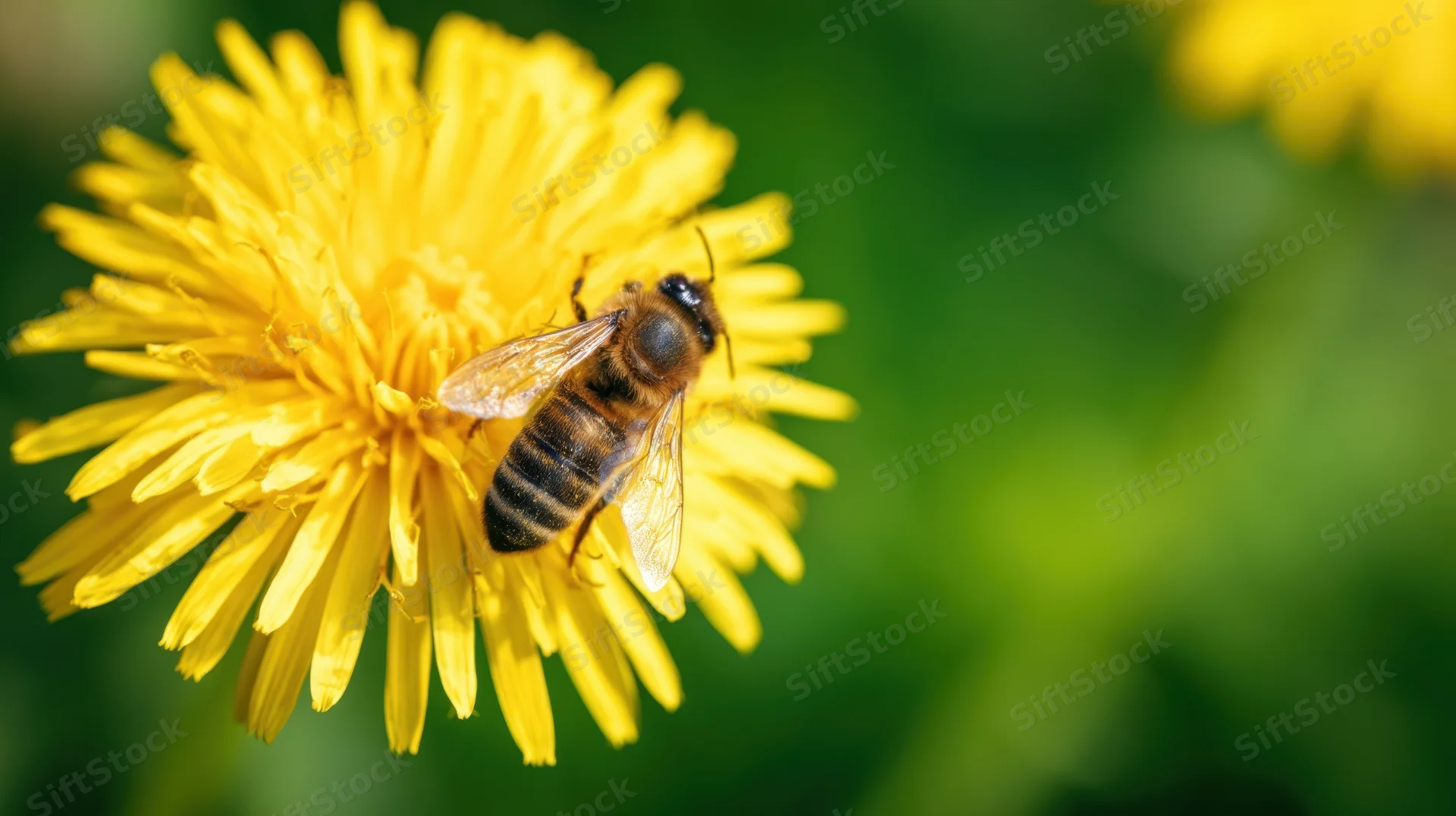 Honeybee perched on a yellow dandelion flower in a green garden setting