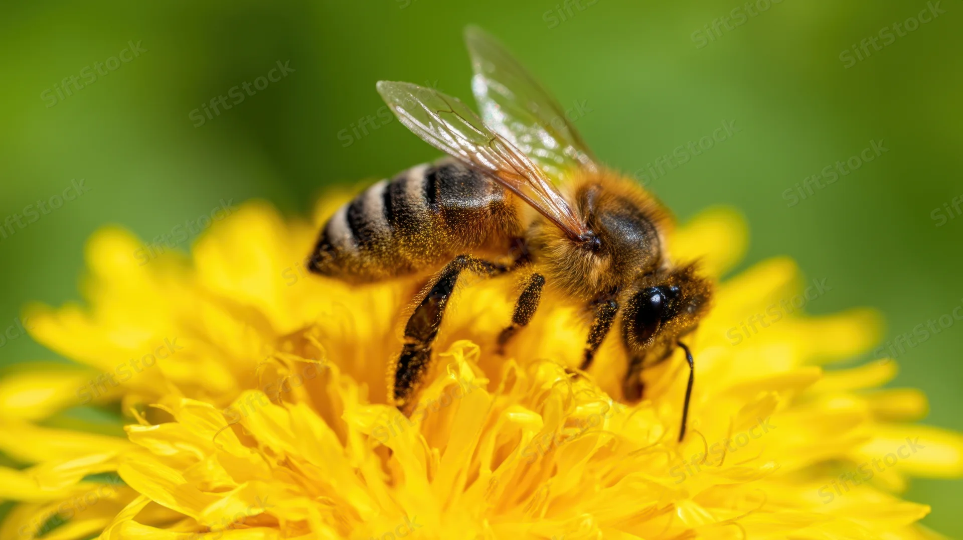 Honeybee perched on a yellow dandelion flower in a garden setting