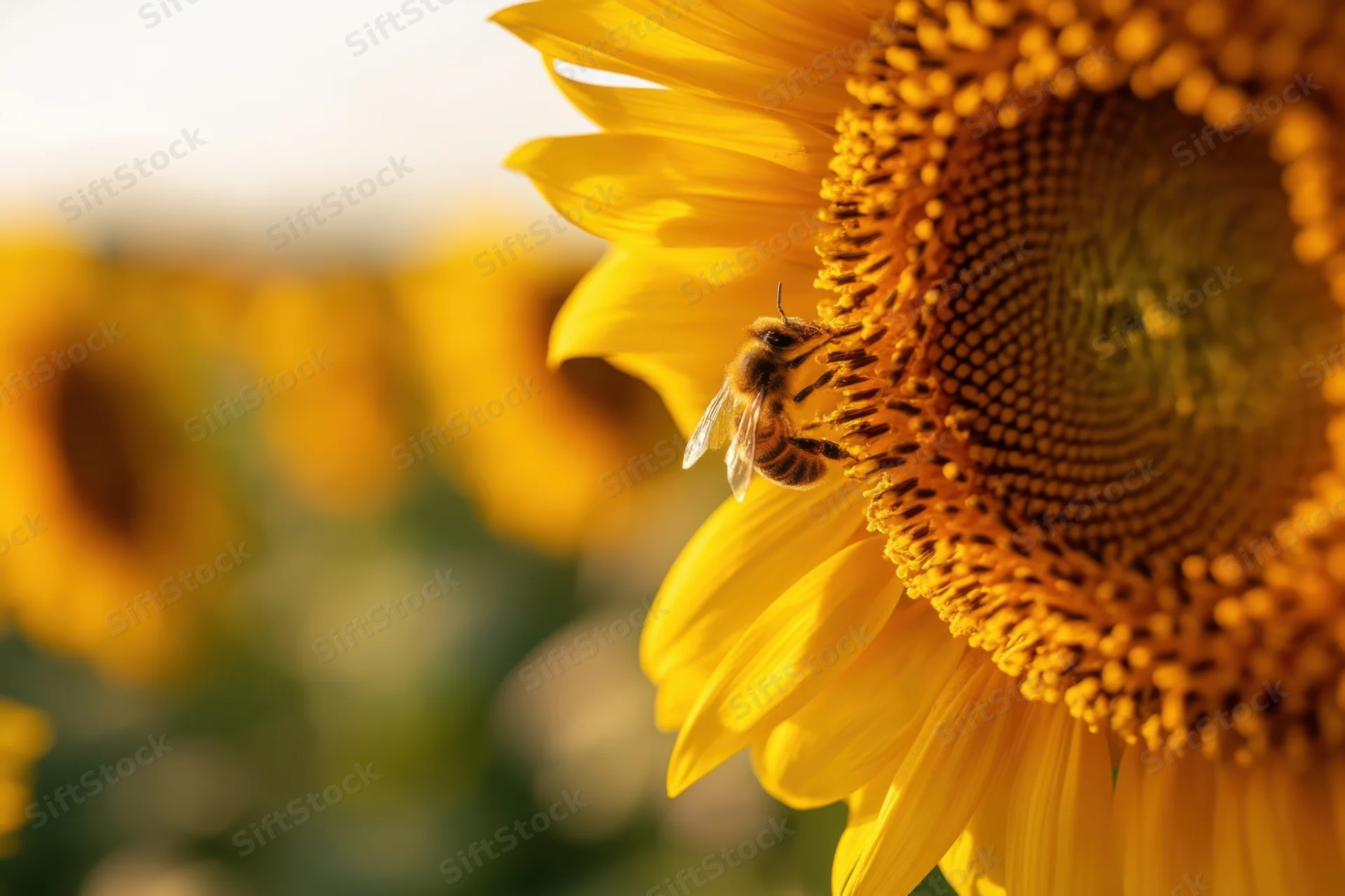 Bee perched on sunflower in a sunlit field