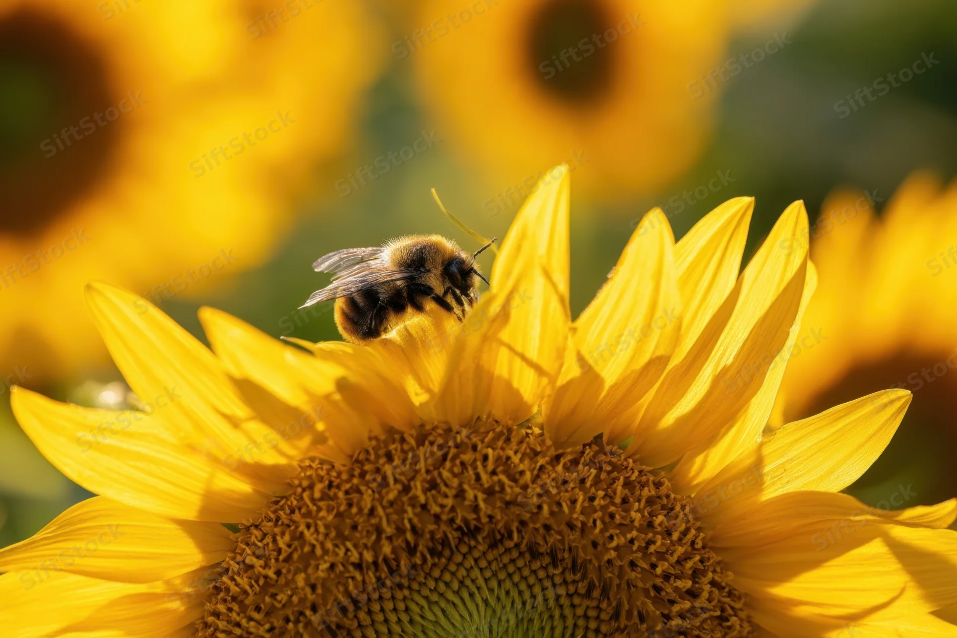 Bee perched on sunflower petal in sunlit field