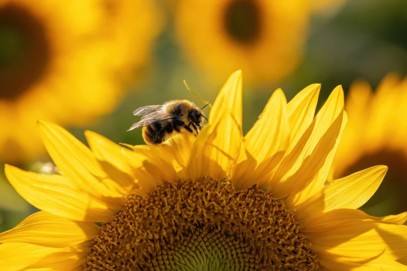 Bee perched on sunflower petal in sunlit field