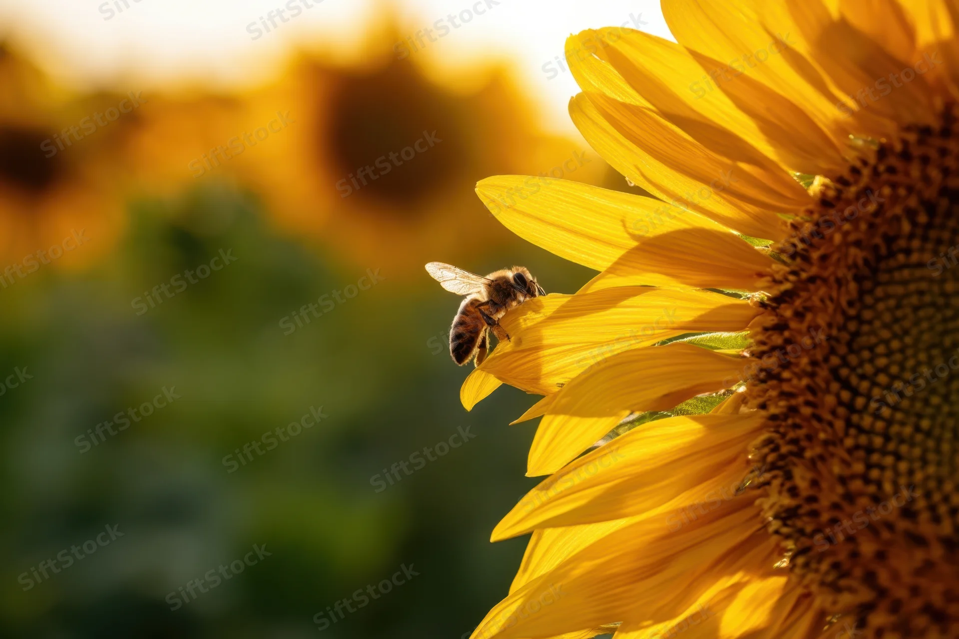 Bee perched on sunflower petal in sunlit field
