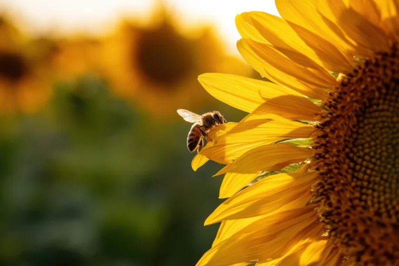 Bee perched on sunflower petal in sunlit field
