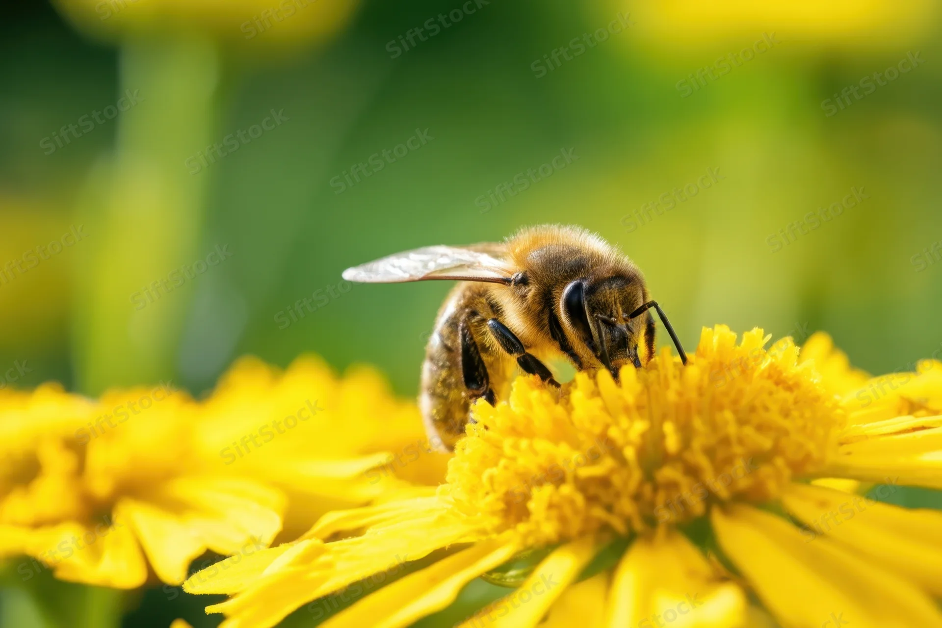 Honeybee collecting nectar from a yellow flower in a garden