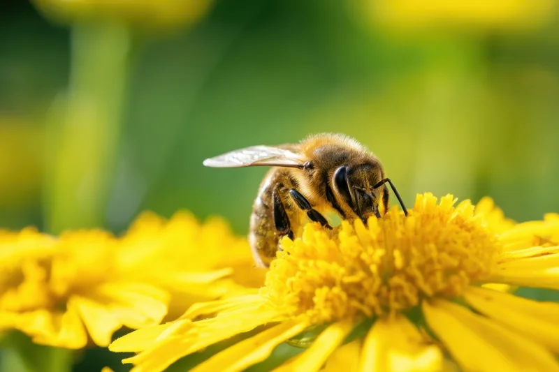 Honeybee collecting nectar from a yellow flower in a garden