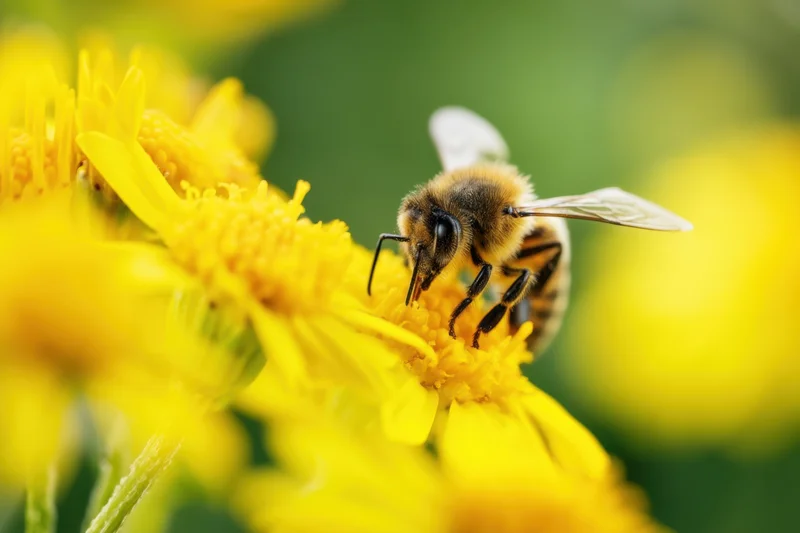 Honeybee collecting nectar from a yellow flower in a garden