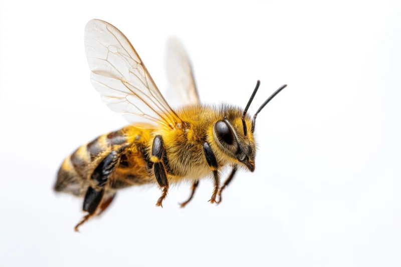 Honeybee in mid-flight with wings spread against white background