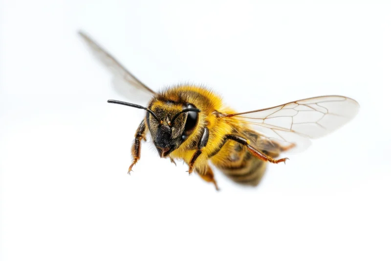 Honeybee in mid-flight with wings spread against white background