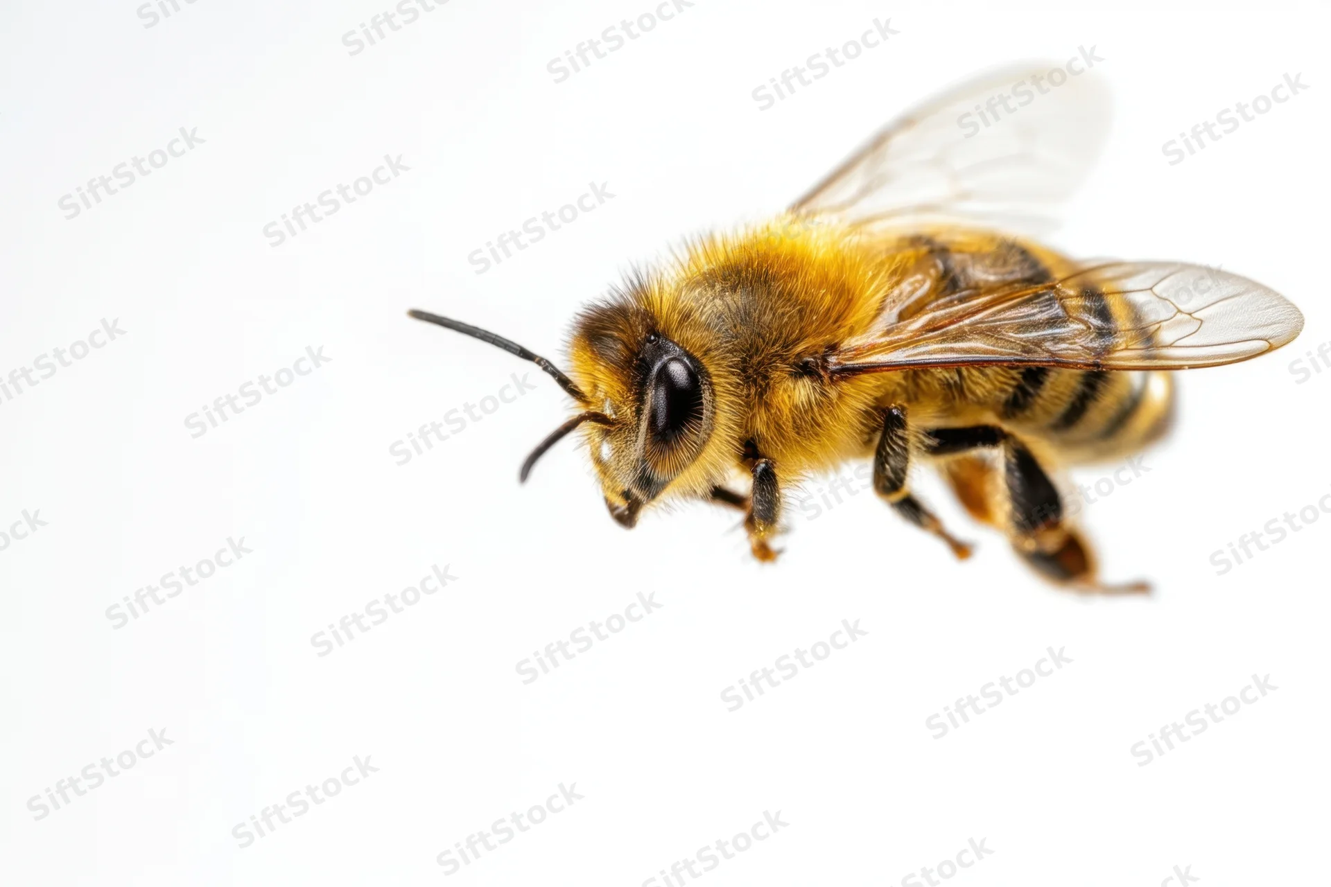 Honeybee in flight against white background