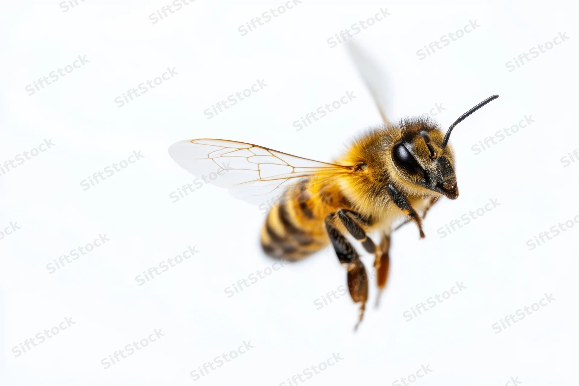 Honeybee in mid-flight with wings extended against white background