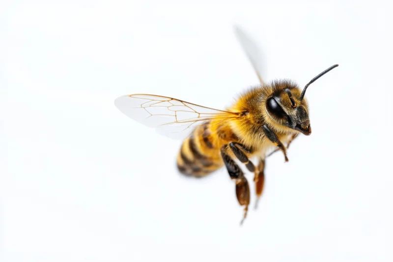 Honeybee in mid-flight with wings extended against white background
